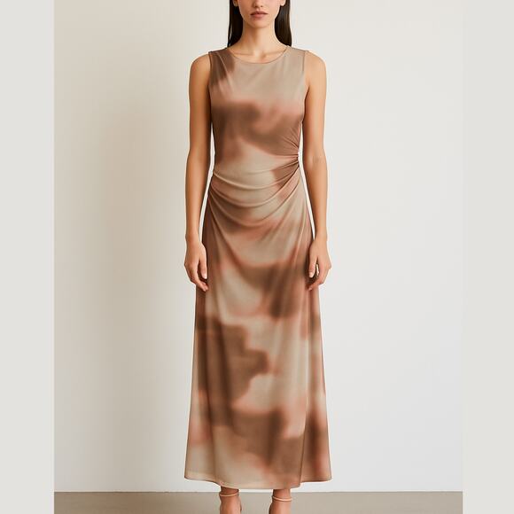 Stradivarius Mesh Marble Tie Dye Sleeveless Ruched Bodycon Maxi Dress Brown S - Picture 2 of 9